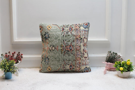 Green Vintage Turkish Rug Pillow Cover: 16x16 Boho Decor