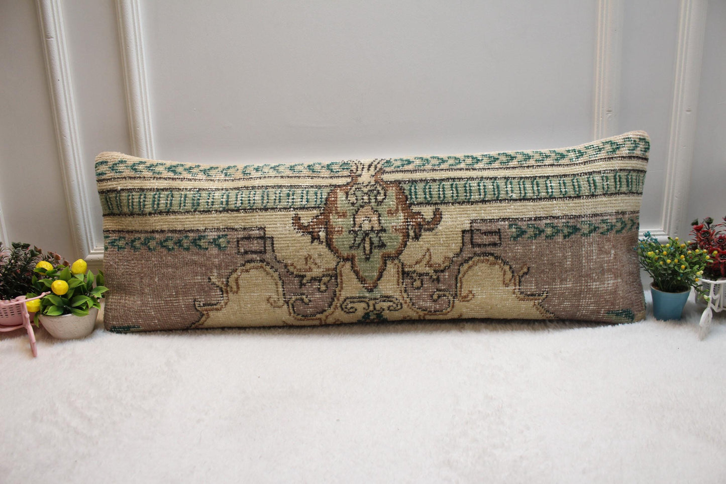 Handmade Turkish Rug Lumbar Pillow: Vintage Wool Throw Pillow Case (12x36 in)