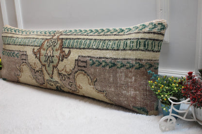 Handmade Turkish Rug Lumbar Pillow: Vintage Wool Throw Pillow Case (12x36 in)