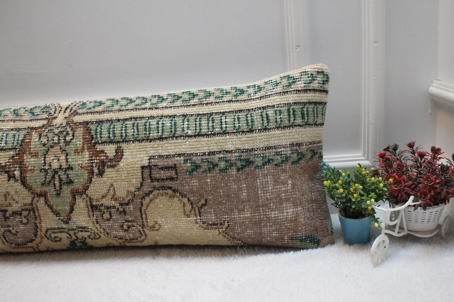 Handmade Turkish Rug Lumbar Pillow: Vintage Wool Throw Pillow Case (12x36 in)