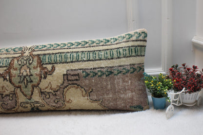 Handmade Turkish Rug Lumbar Pillow: Vintage Wool Throw Pillow Case (12x36 in)