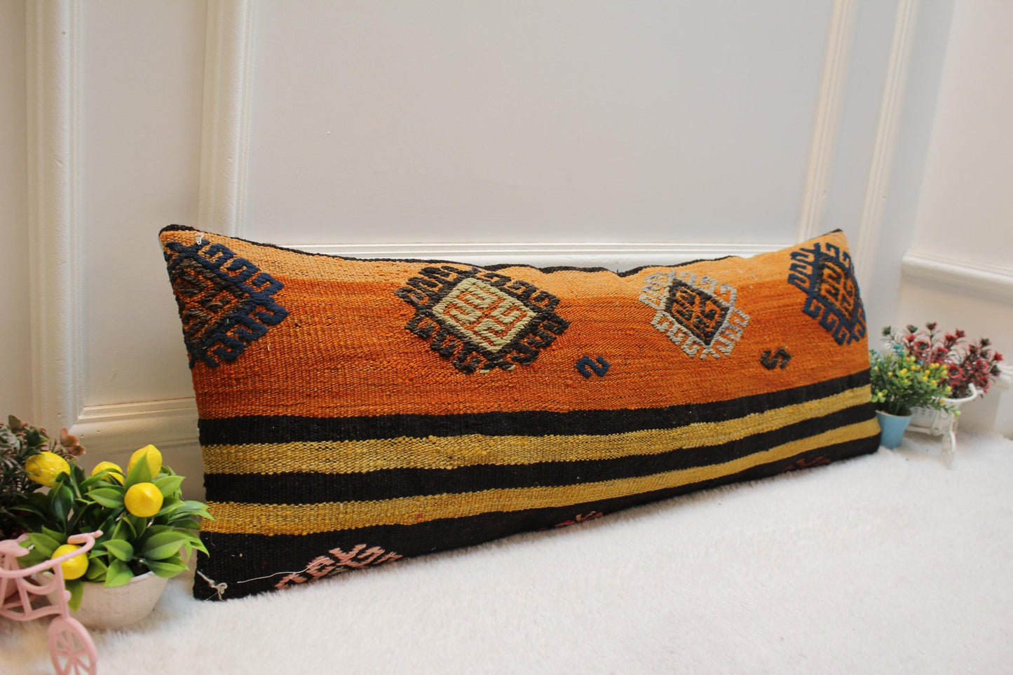 Orange Kilim Pillow Cover: Vintage Anatolian Woven Wool Lumbar Pillow (12x36 in)