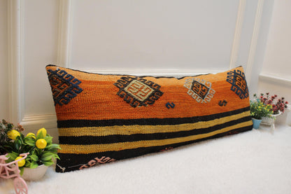 Orange Kilim Pillow Cover: Vintage Anatolian Woven Wool Lumbar Pillow (12x36 in)