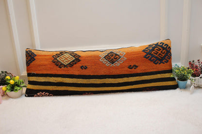 Orange Kilim Pillow Cover: Vintage Anatolian Woven Wool Lumbar Pillow (12x36 in)