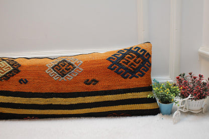 Orange Kilim Pillow Cover: Vintage Anatolian Woven Wool Lumbar Pillow (12x36 in)