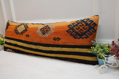 Orange Kilim Pillow Cover: Vintage Anatolian Woven Wool Lumbar Pillow (12x36 in)