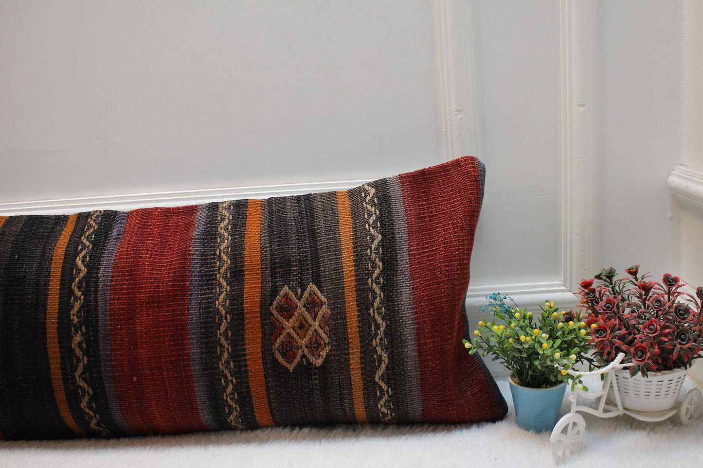 Handmade Kilim Lumbar Pillow Cover: Upcycled Woven Wool, 12x36 inch