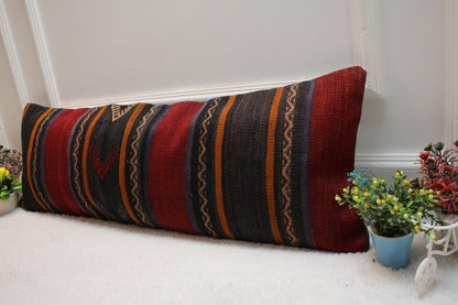 Striped Turkish Kilim Lumbar Pillow Cover: 12x36 inch, Handmade Rug Pillow