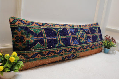 Vintage Turkish Rug Lumbar Pillow Cover: Orange Wool Anatolian Pillow Case (12x36 in)