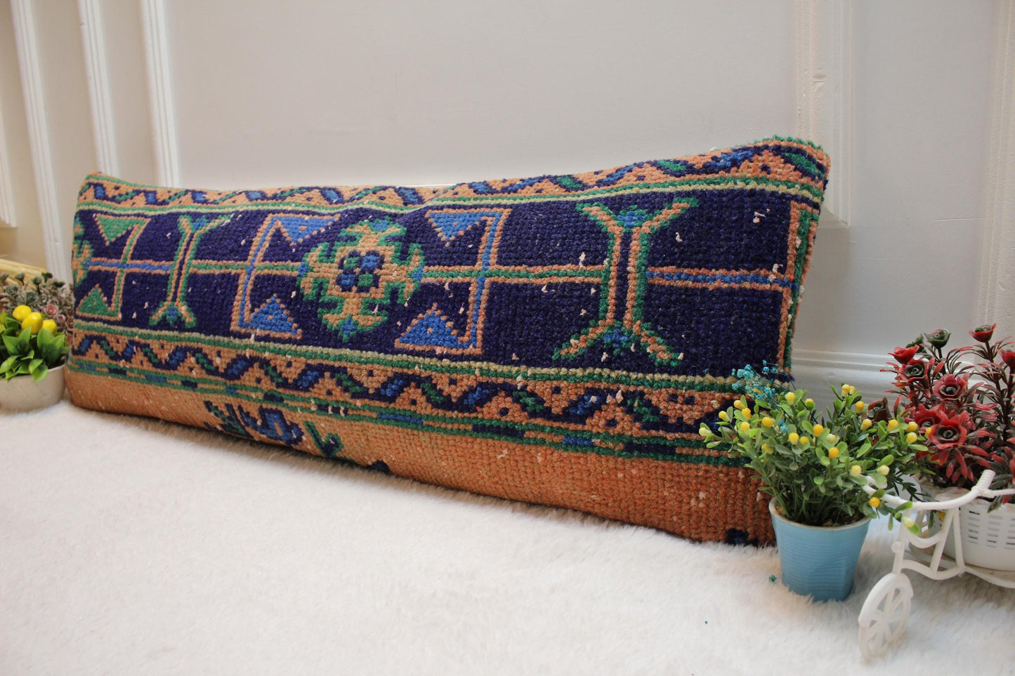 Vintage Turkish Rug Lumbar Pillow Cover: Orange Wool Anatolian Pillow Case (12x36 in)