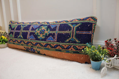 Vintage Turkish Rug Lumbar Pillow Cover: Orange Wool Anatolian Pillow Case (12x36 in)