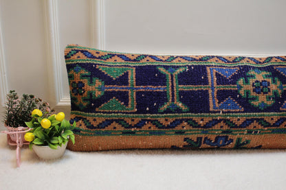 Vintage Turkish Rug Lumbar Pillow Cover: Orange Wool Anatolian Pillow Case (12x36 in)