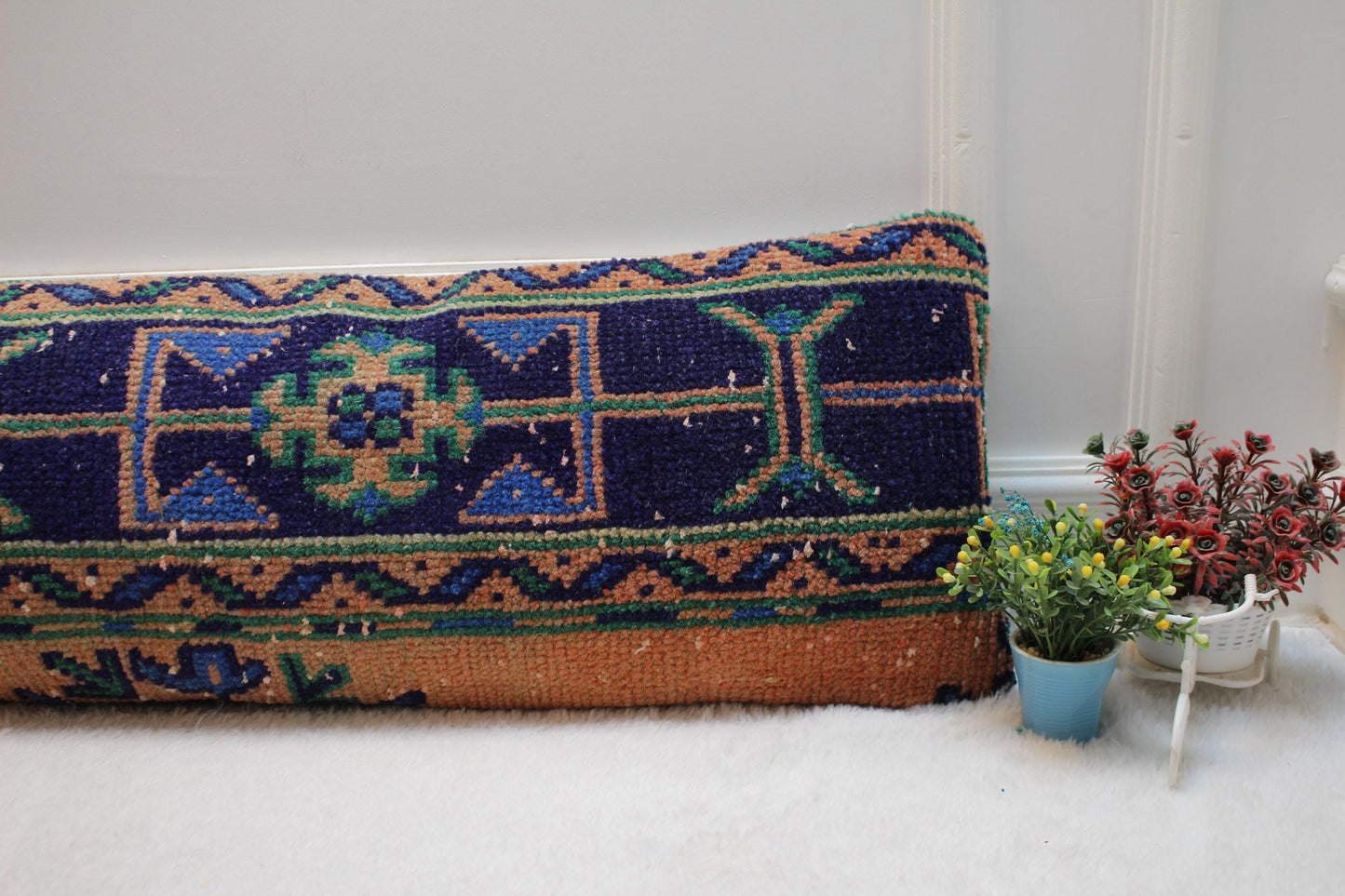 Vintage Turkish Rug Lumbar Pillow Cover: Orange Wool Anatolian Pillow Case (12x36 in)