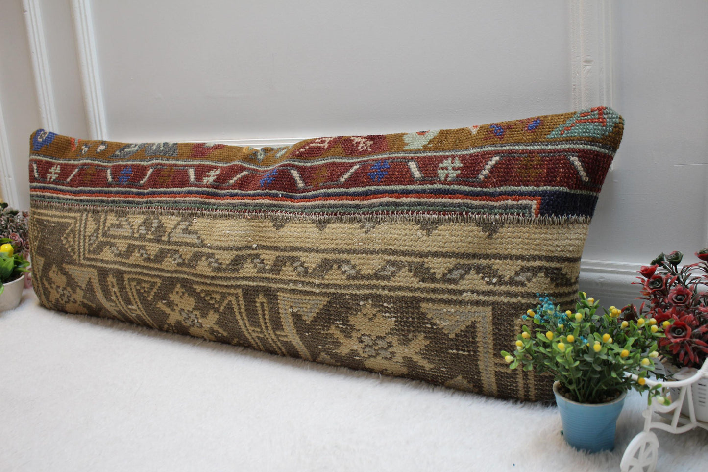 Patchwork Turkish Rug Lumbar Pillow Cover: Vintage Woven Design (12x36 in)