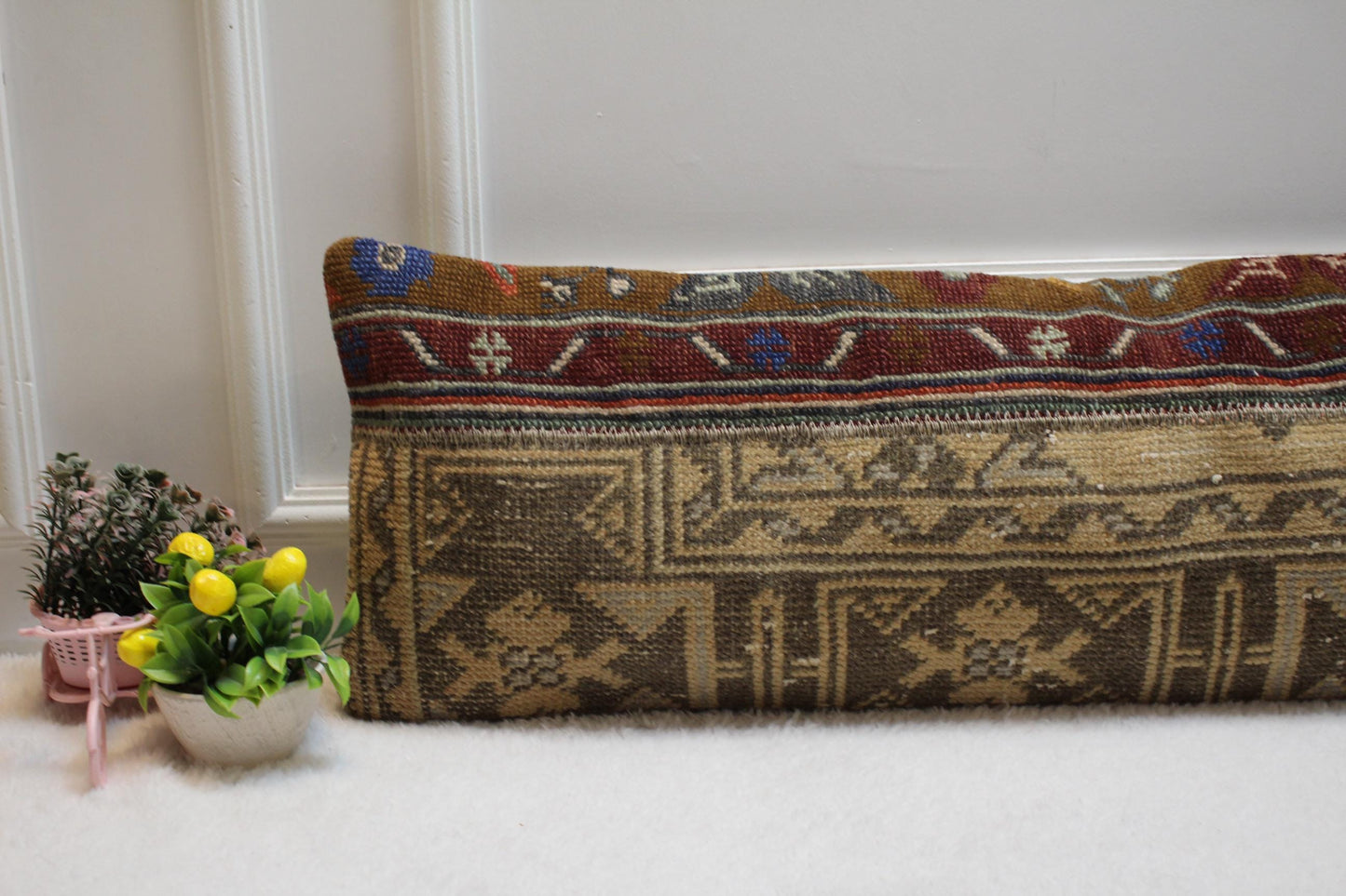 Patchwork Turkish Rug Lumbar Pillow Cover: Vintage Woven Design (12x36 in)