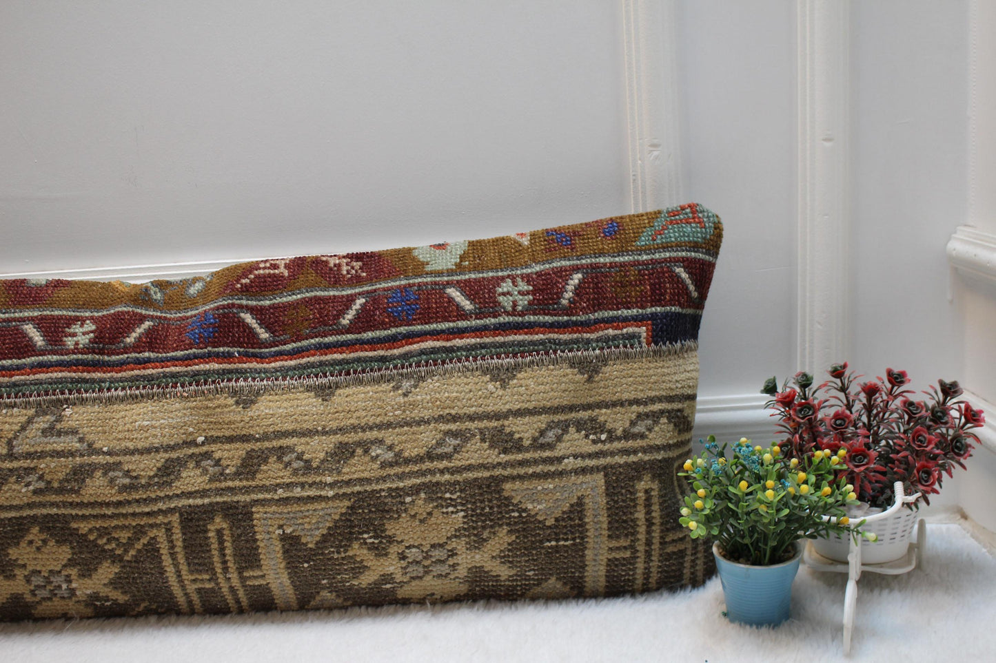Patchwork Turkish Rug Lumbar Pillow Cover: Vintage Woven Design (12x36 in)