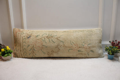 Handmade Beige Floral Turkish Rug Lumbar Pillow Cover (12x36 in)