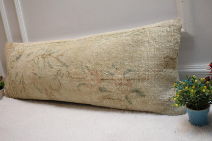Handmade Beige Floral Turkish Rug Lumbar Pillow Cover (12x36 in)