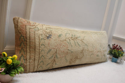 Handmade Beige Floral Turkish Rug Lumbar Pillow Cover (12x36 in)
