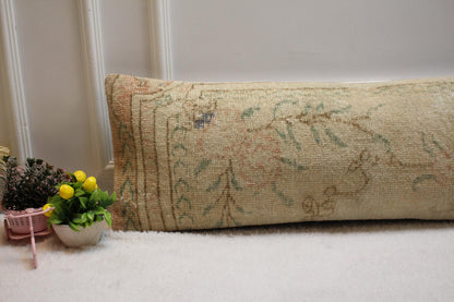 Handmade Beige Floral Turkish Rug Lumbar Pillow Cover (12x36 in)