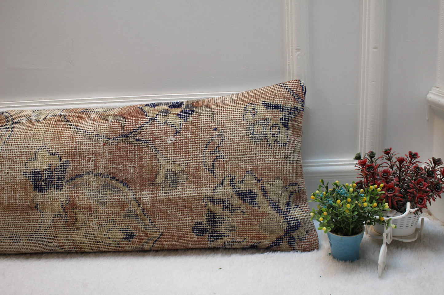 Floral Kilim Lumbar Pillow Cover: Upcycled Rug, 12x36 inch