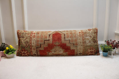 Vintage Turkish Rug Lumbar Pillow Cover: Organic Wool, Red Beige (12x36 inc)
