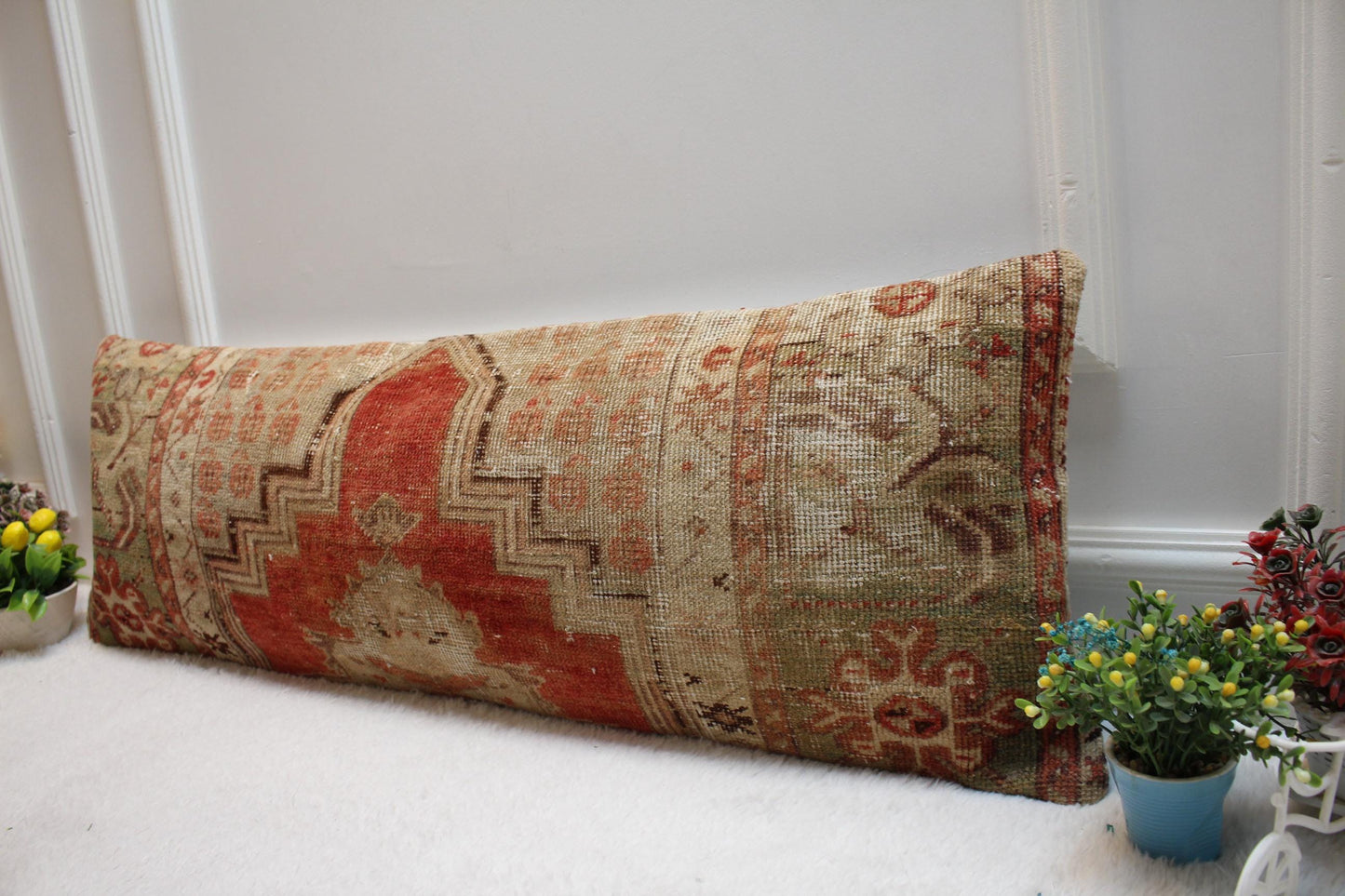 Vintage Turkish Rug Lumbar Pillow Cover: Organic Wool, Red Beige (12x36 inc)