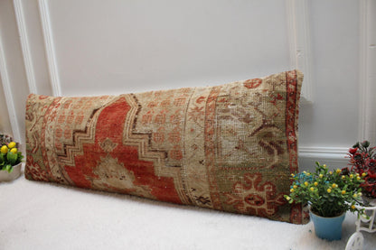 Vintage Turkish Rug Lumbar Pillow Cover: Organic Wool, Red Beige (12x36 inc)