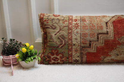 Vintage Turkish Rug Lumbar Pillow Cover: Organic Wool, Red Beige (12x36 inc)