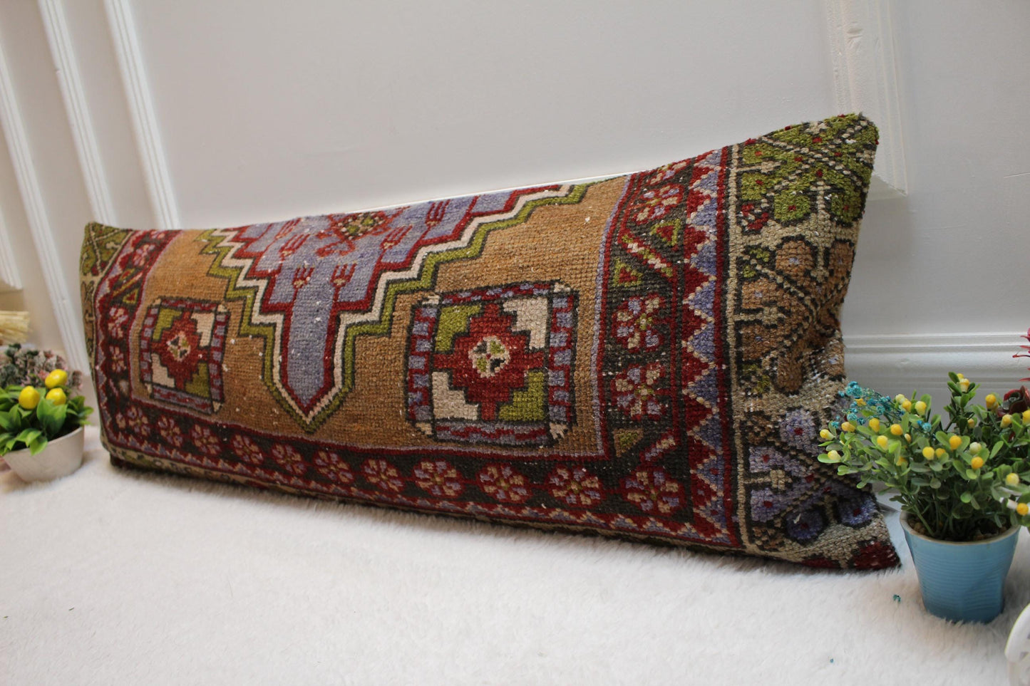 Handmade Kilim Lumbar Pillow Cover: Geometric Wool Pillow, 12x36