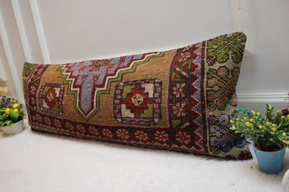 Handmade Kilim Lumbar Pillow Cover: Geometric Wool Pillow, 12x36
