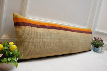 Striped Kilim Lumbar Pillow Cover: Beige Orange, 12x36 inch