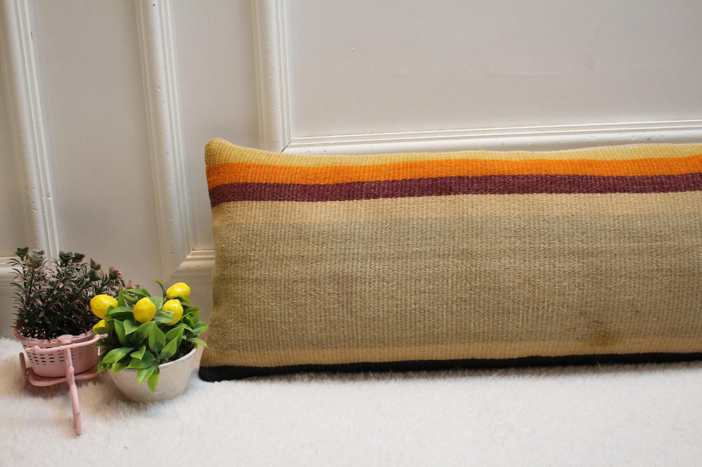 Striped Kilim Lumbar Pillow Cover: Beige Orange, 12x36 inch