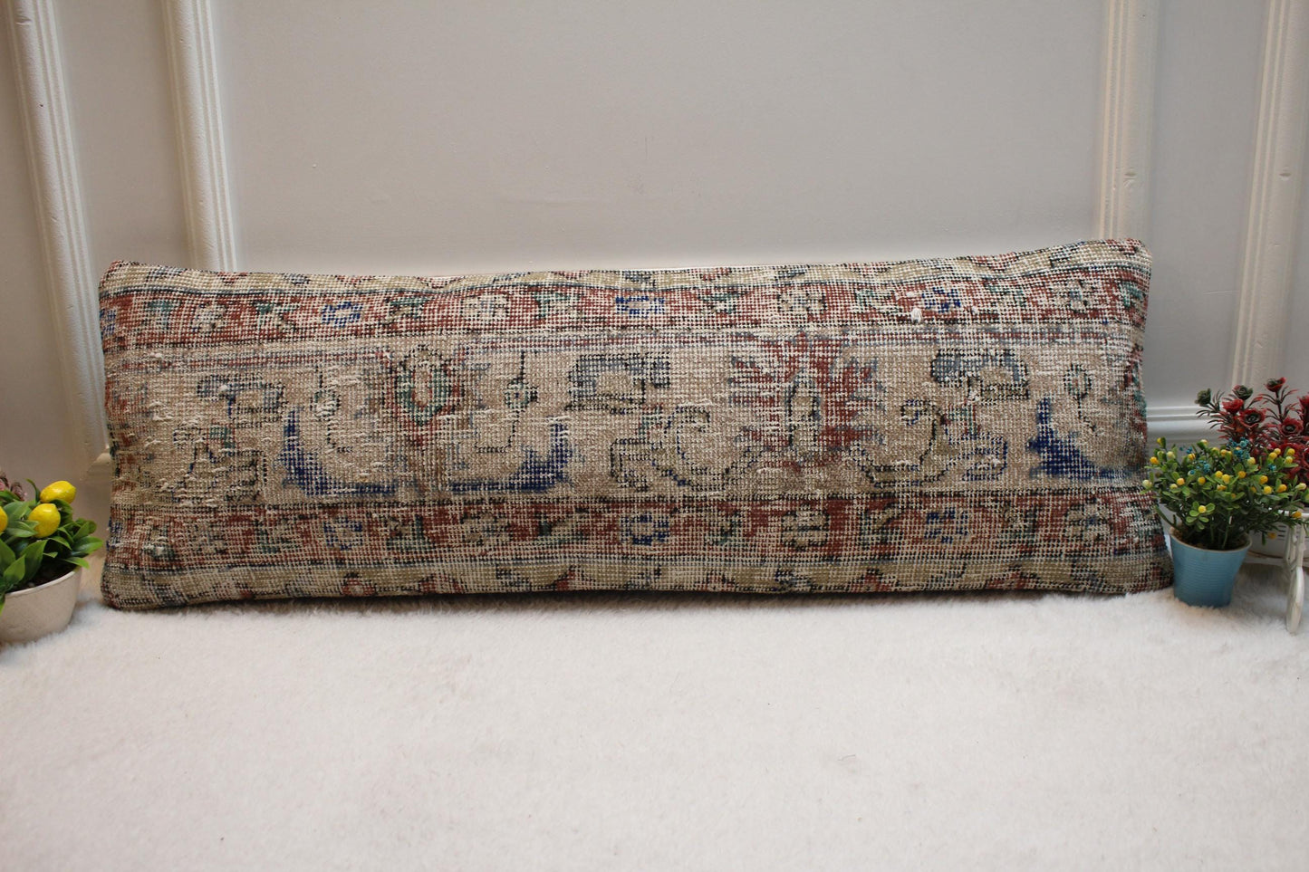 Handmade Beige Wool Lumbar Pillow Cover: Vintage Anatolian Rug, 12x36 in