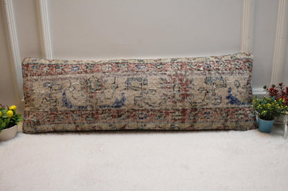 Handmade Beige Wool Lumbar Pillow Cover: Vintage Anatolian Rug, 12x36 in