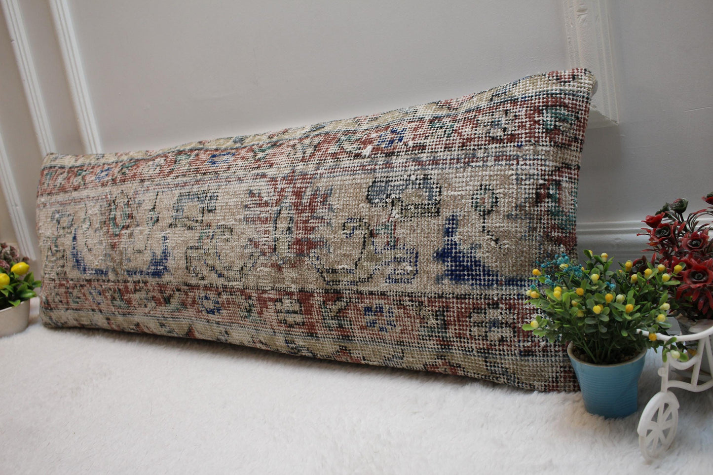Handmade Beige Wool Lumbar Pillow Cover: Vintage Anatolian Rug, 12x36 in