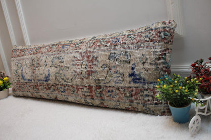 Handmade Beige Wool Lumbar Pillow Cover: Vintage Anatolian Rug, 12x36 in