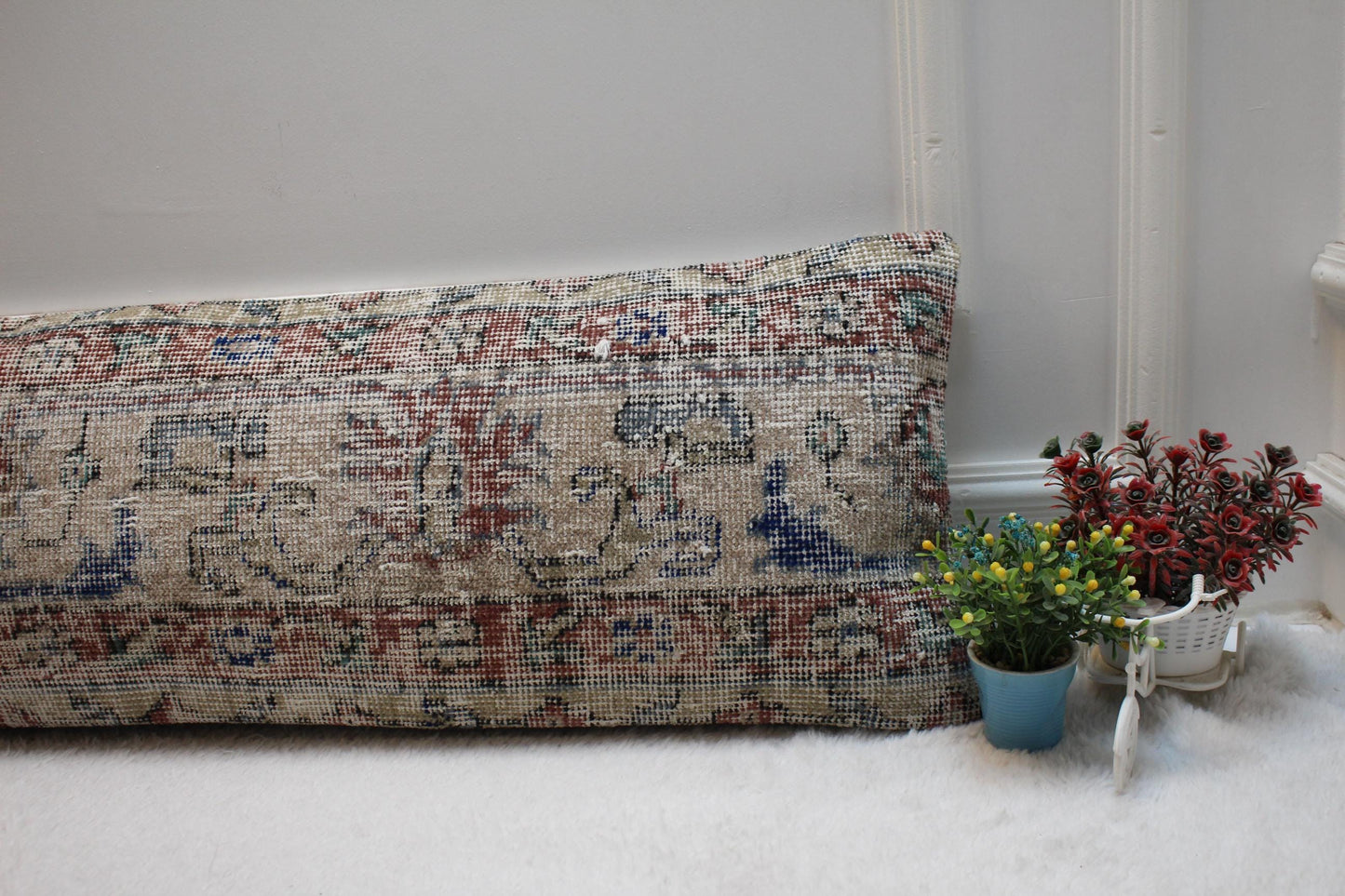Handmade Beige Wool Lumbar Pillow Cover: Vintage Anatolian Rug, 12x36 in