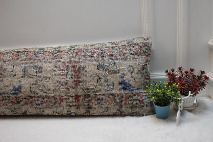 Handmade Beige Wool Lumbar Pillow Cover: Vintage Anatolian Rug, 12x36 in