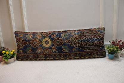 Blue Floral Kilim Pillow Cover: Vintage Anatolian Wool Rug, 12x36