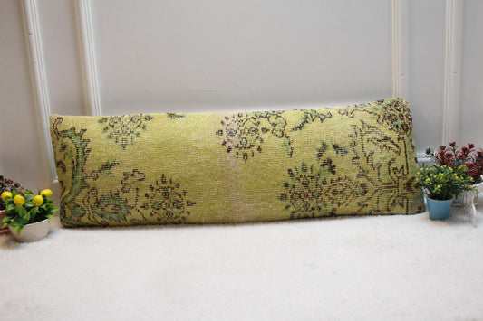 Vintage Turkish Rug Lumbar Pillow Cover: Yellow Home Decor (12x36 in)