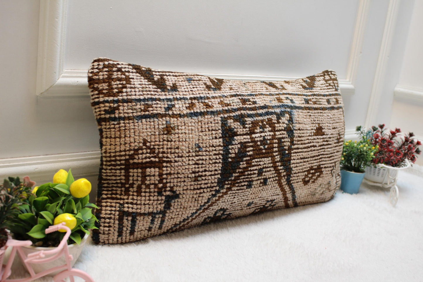 Beige Turkish Rug Pillow Cover: Vintage Wool Lumbar Pillow, 12x24