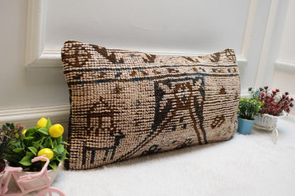 Beige Turkish Rug Pillow Cover: Vintage Wool Lumbar Pillow, 12x24