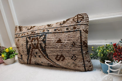 Beige Turkish Rug Pillow Cover: Vintage Wool Lumbar Pillow, 12x24