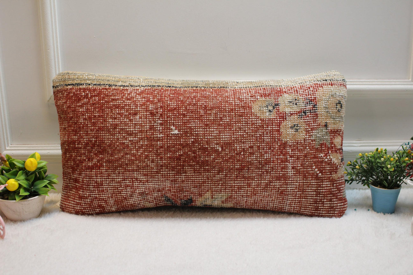 Red Vintage Turkish Rug Lumbar Pillow Cover: 12x24 inch, Handmade Kilim