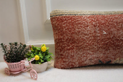 Red Vintage Turkish Rug Lumbar Pillow Cover: 12x24 inch, Handmade Kilim