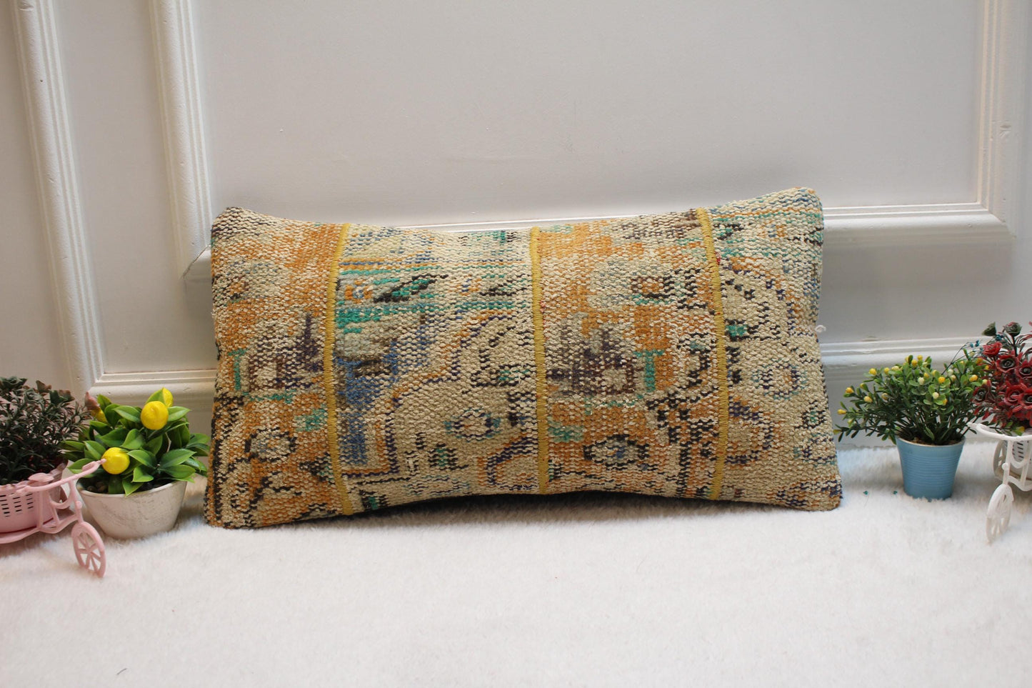 Handmade Kilim Lumbar Pillow Cover: Upcycled Rug Pillow, 12x24 inch