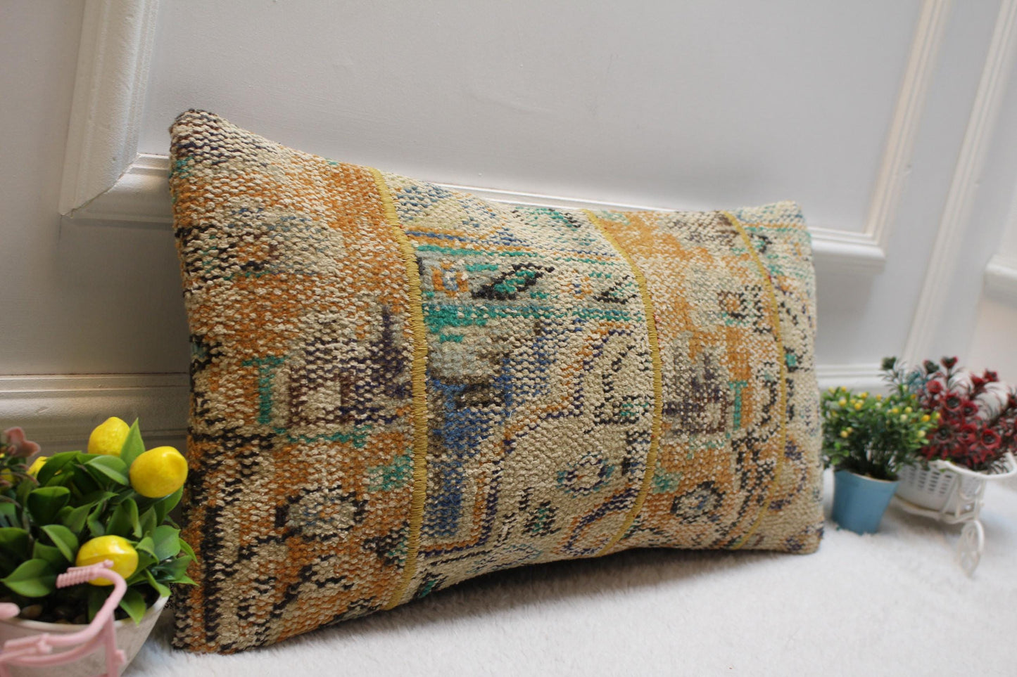 Handmade Kilim Lumbar Pillow Cover: Upcycled Rug Pillow, 12x24 inch