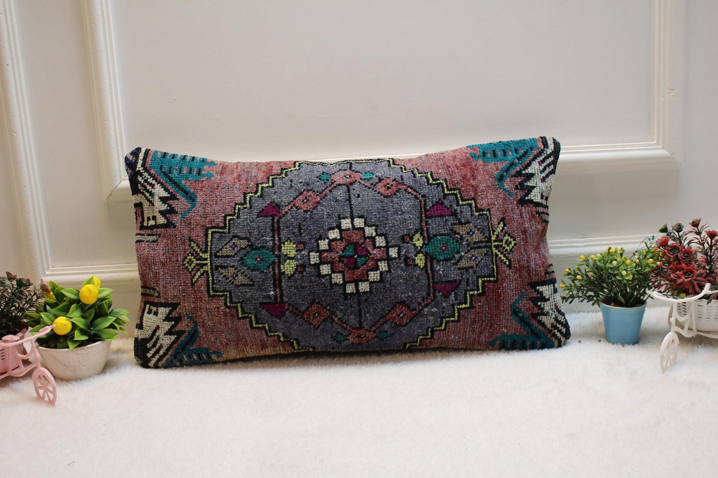 Handmade Kilim Lumbar Pillow Cover: Geometric Woven Rug, 12x24 inch