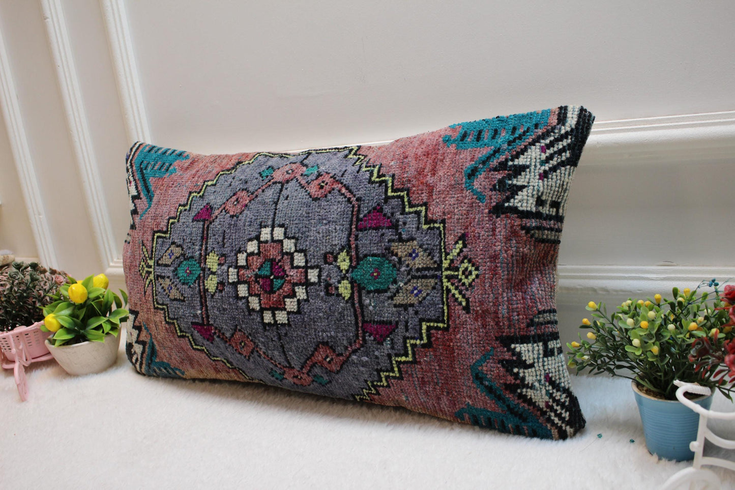 Handmade Kilim Lumbar Pillow Cover: Geometric Woven Rug, 12x24 inch